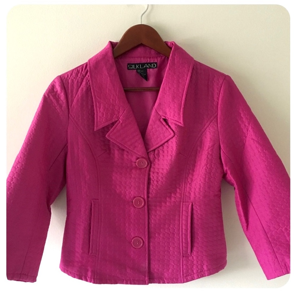 Silkland Vintage Silk Quilted Notched Collar Cropped Jacket Pink